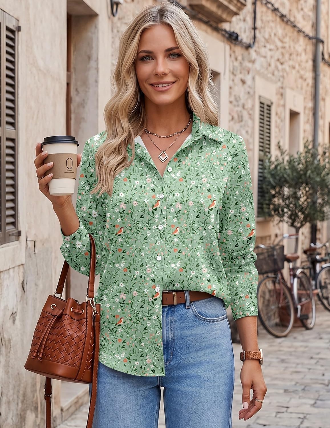 image:imageZeagoo Blouses for Women Dressy Casual Long Sleeve Button Down Shirts TopsGreen Floral
