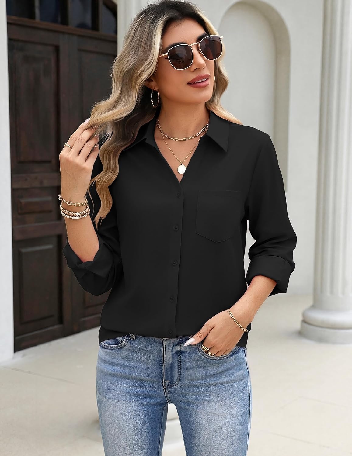image:imageZeagoo Blouses for Women Long Sleeve Dressy Casual Button Down ShirtsBlack