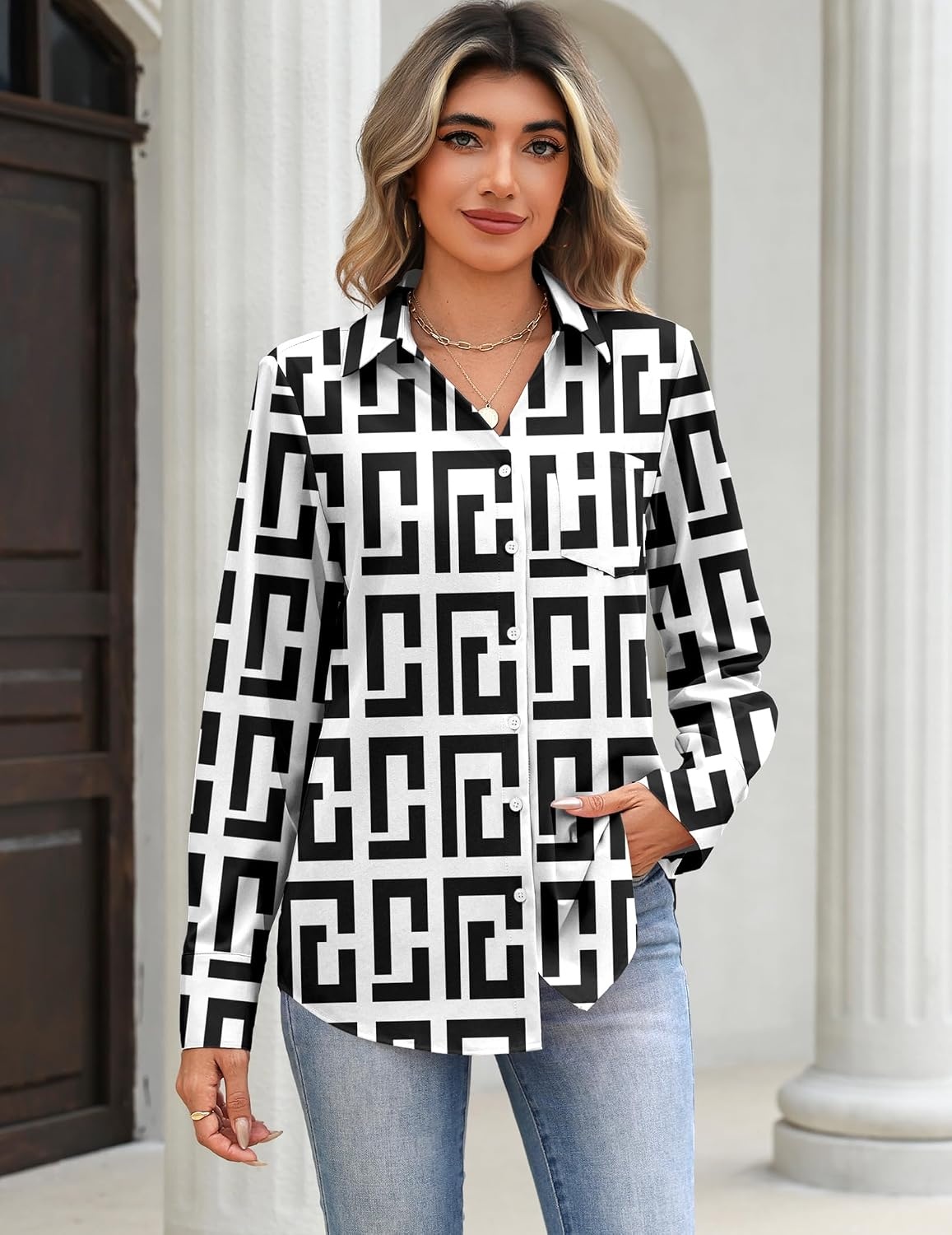 image:imageZeagoo Blouses for Women Long Sleeve Dressy Casual Button Down ShirtsBlack and White