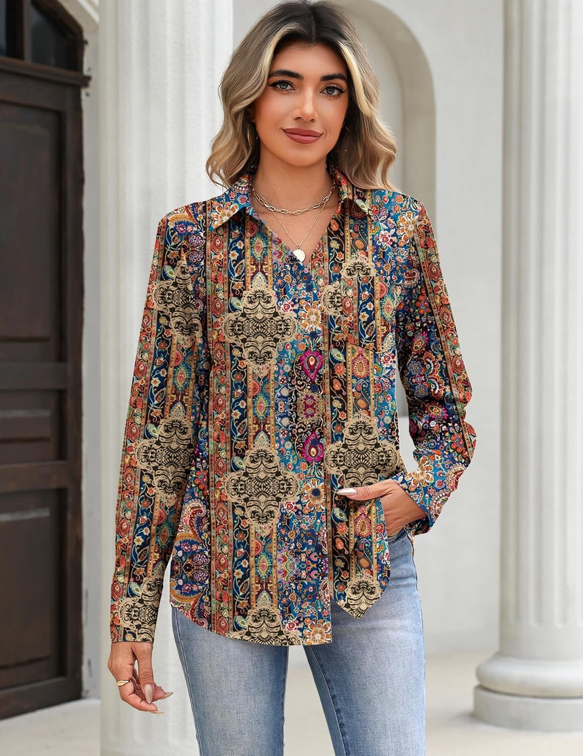 image:imageZeagoo Blouses for Women Long Sleeve Dressy Casual Button Down ShirtsBoho Brown