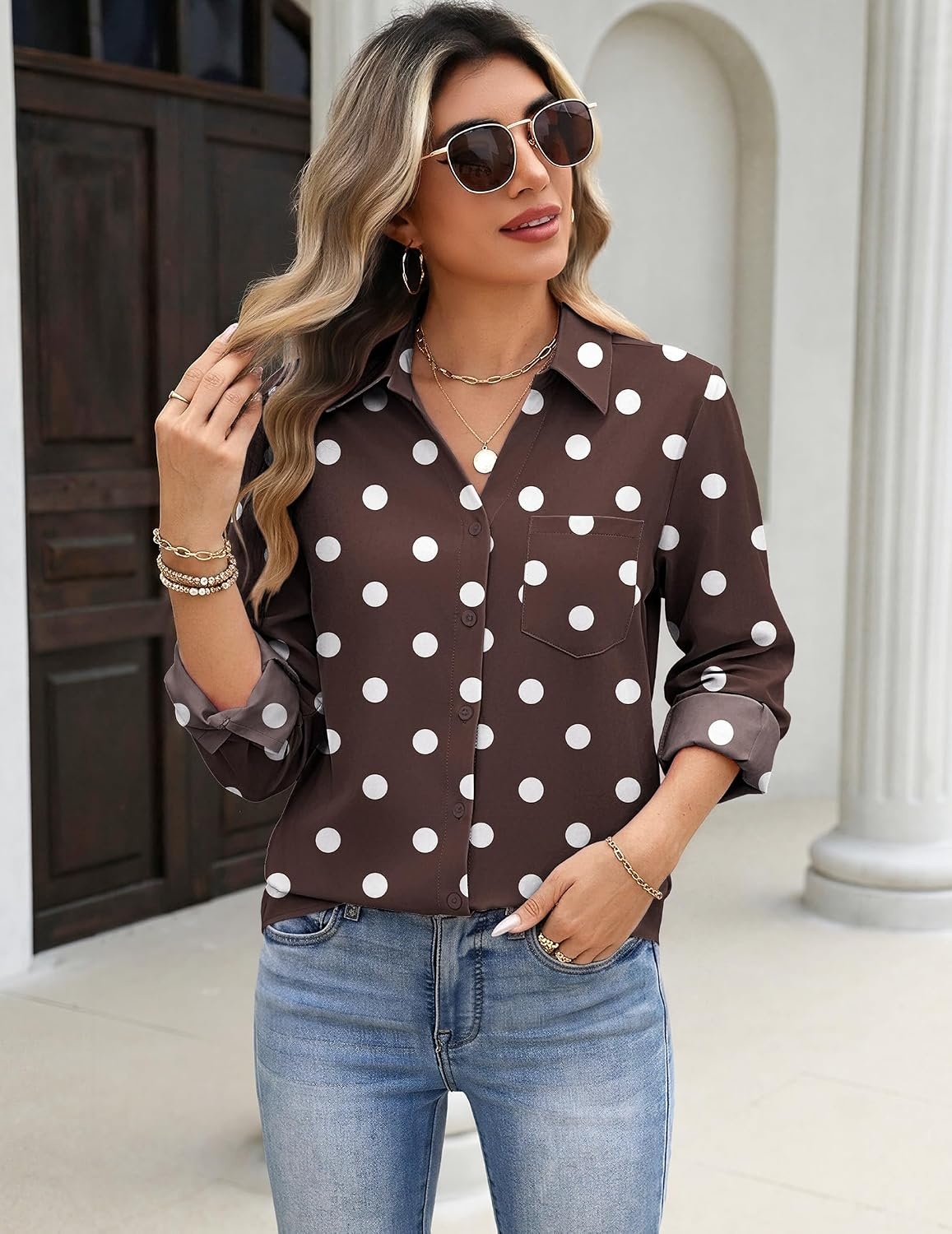 image:imageZeagoo Blouses for Women Long Sleeve Dressy Casual Button Down ShirtsBrown Polka Dots