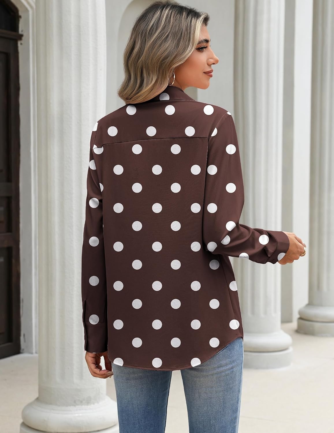 image:imageZeagoo Blouses for Women Long Sleeve Dressy Casual Button Down ShirtsBrown Polka Dots