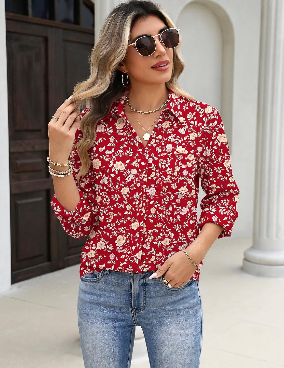 image:imageZeagoo Blouses for Women Long Sleeve Dressy Casual Button Down ShirtsHoliday Rose