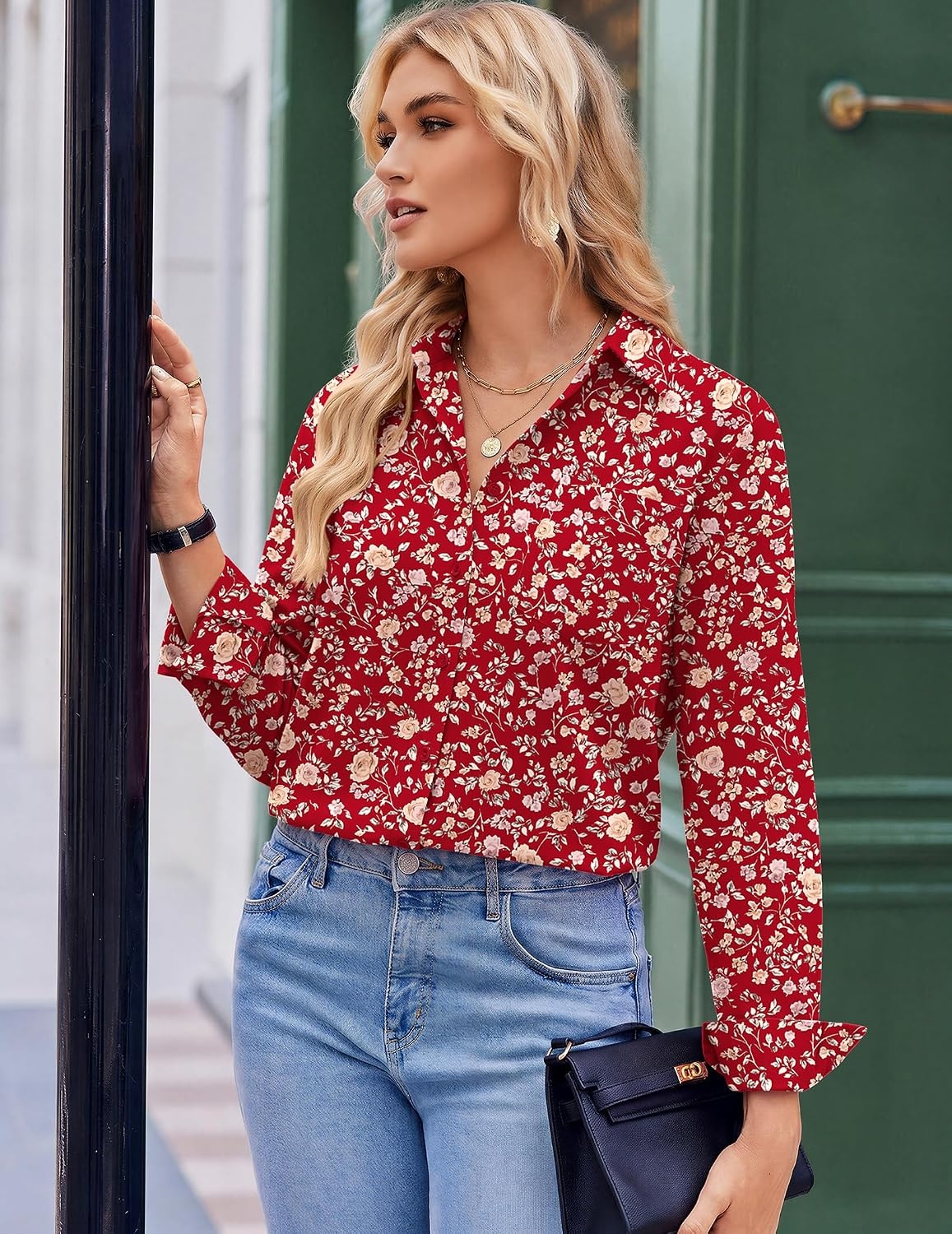 image:imageZeagoo Blouses for Women Long Sleeve Dressy Casual Button Down ShirtsHoliday Rose