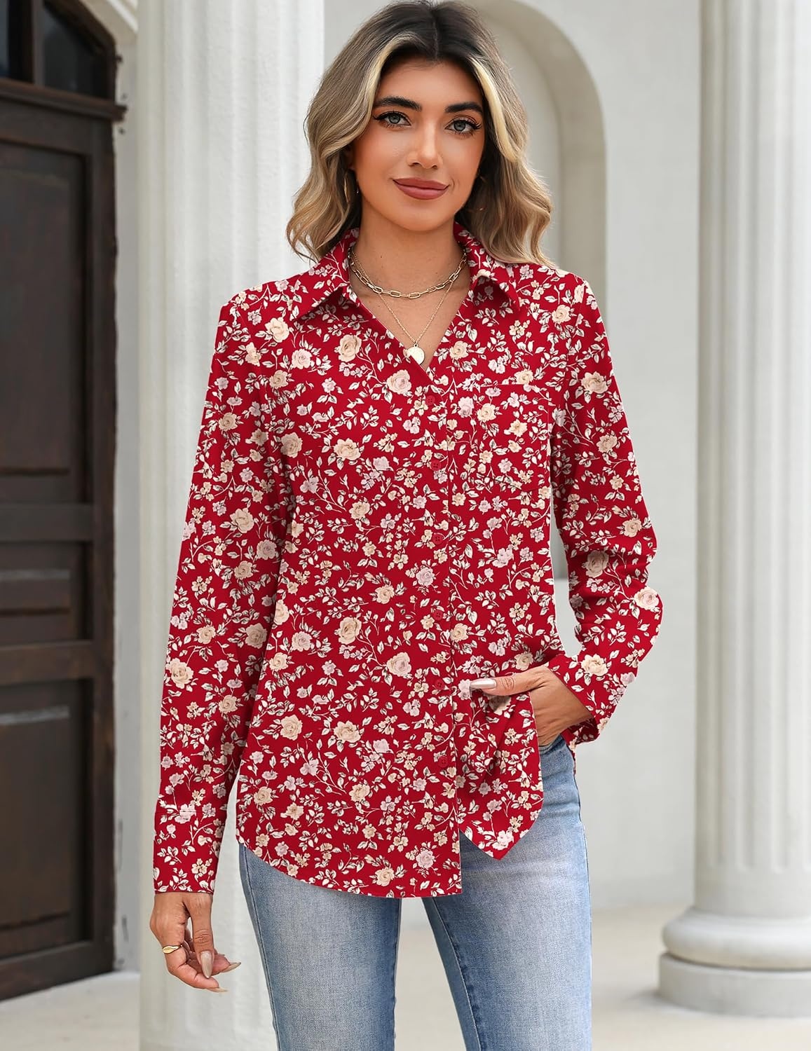 image:imageZeagoo Blouses for Women Long Sleeve Dressy Casual Button Down ShirtsHoliday Rose