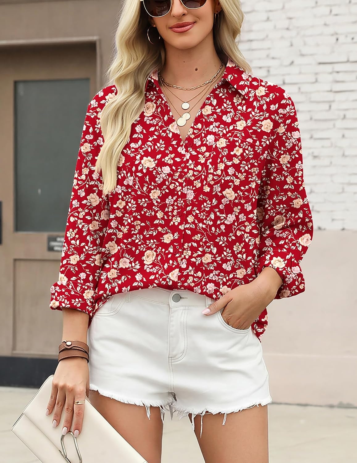 image:imageZeagoo Blouses for Women Long Sleeve Dressy Casual Button Down ShirtsHoliday Rose