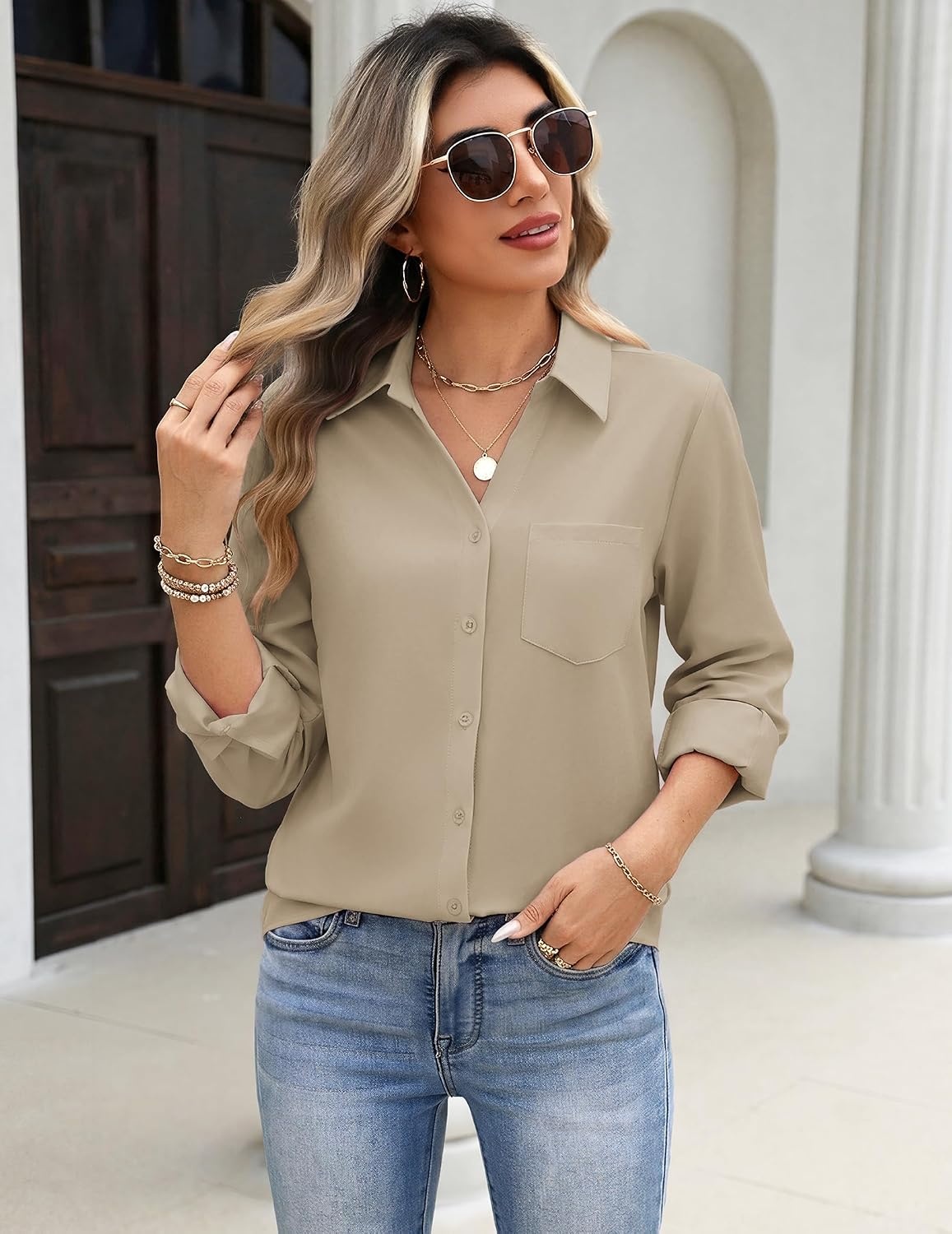 image:imageZeagoo Blouses for Women Long Sleeve Dressy Casual Button Down ShirtsKhaki