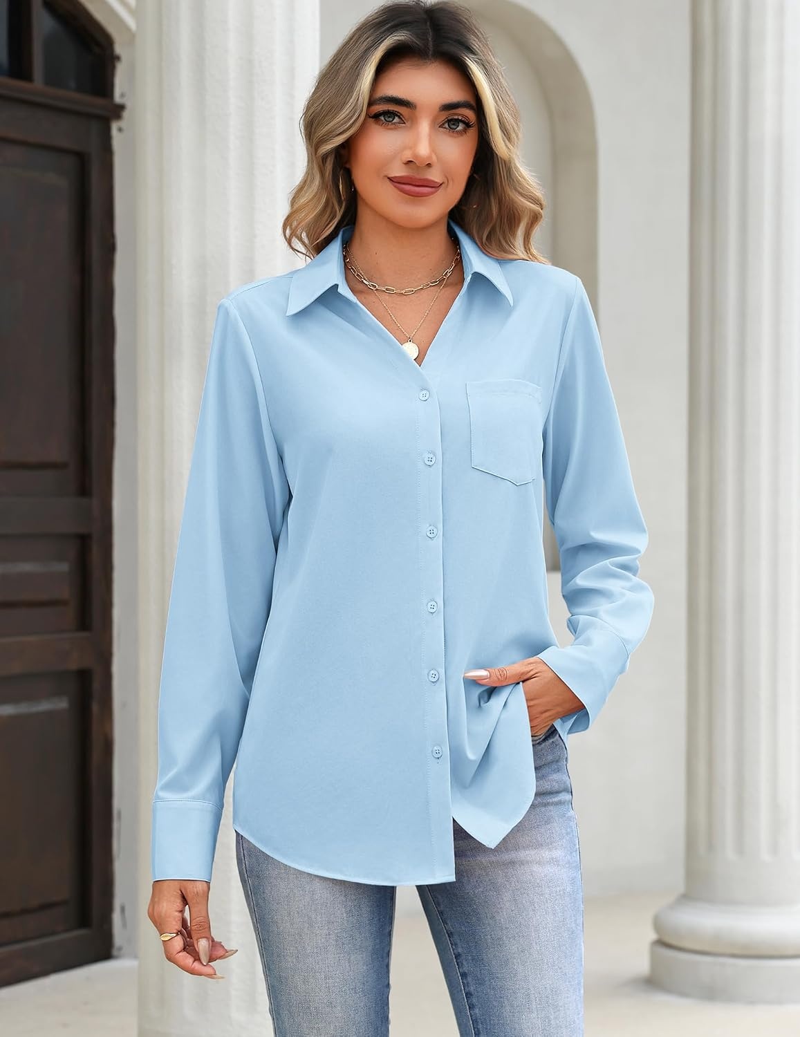 image:imageZeagoo Blouses for Women Long Sleeve Dressy Casual Button Down ShirtsLight Blue
