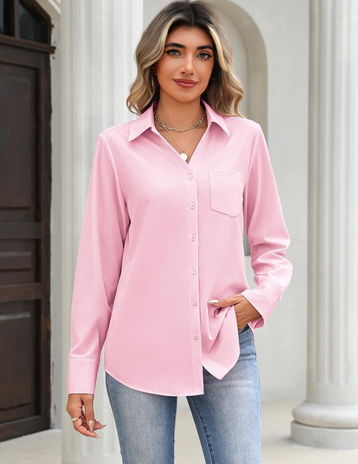 image:imageZeagoo Blouses for Women Long Sleeve Dressy Casual Button Down ShirtsLight Pink