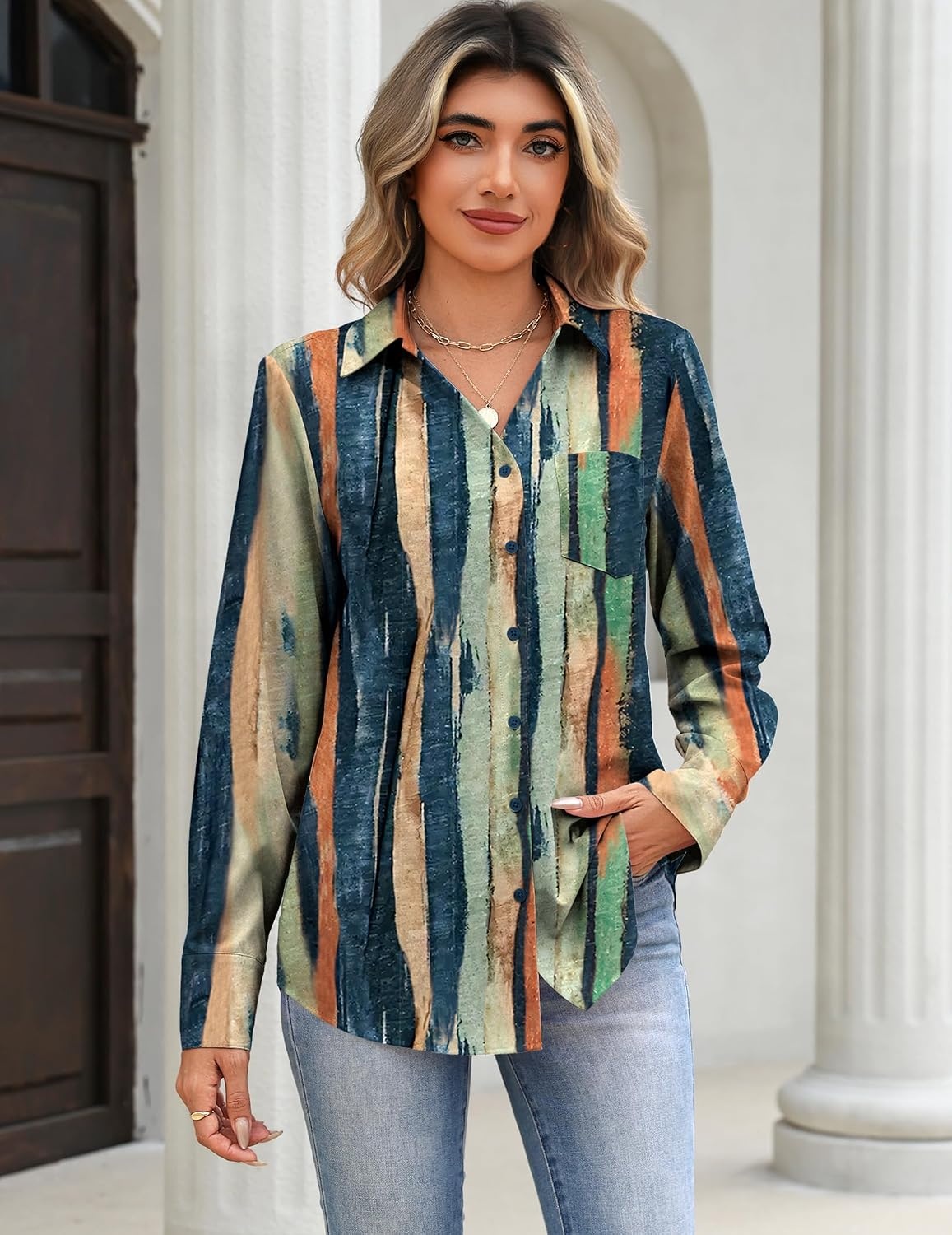 image:imageZeagoo Blouses for Women Long Sleeve Dressy Casual Button Down ShirtsMulticoloured Brush