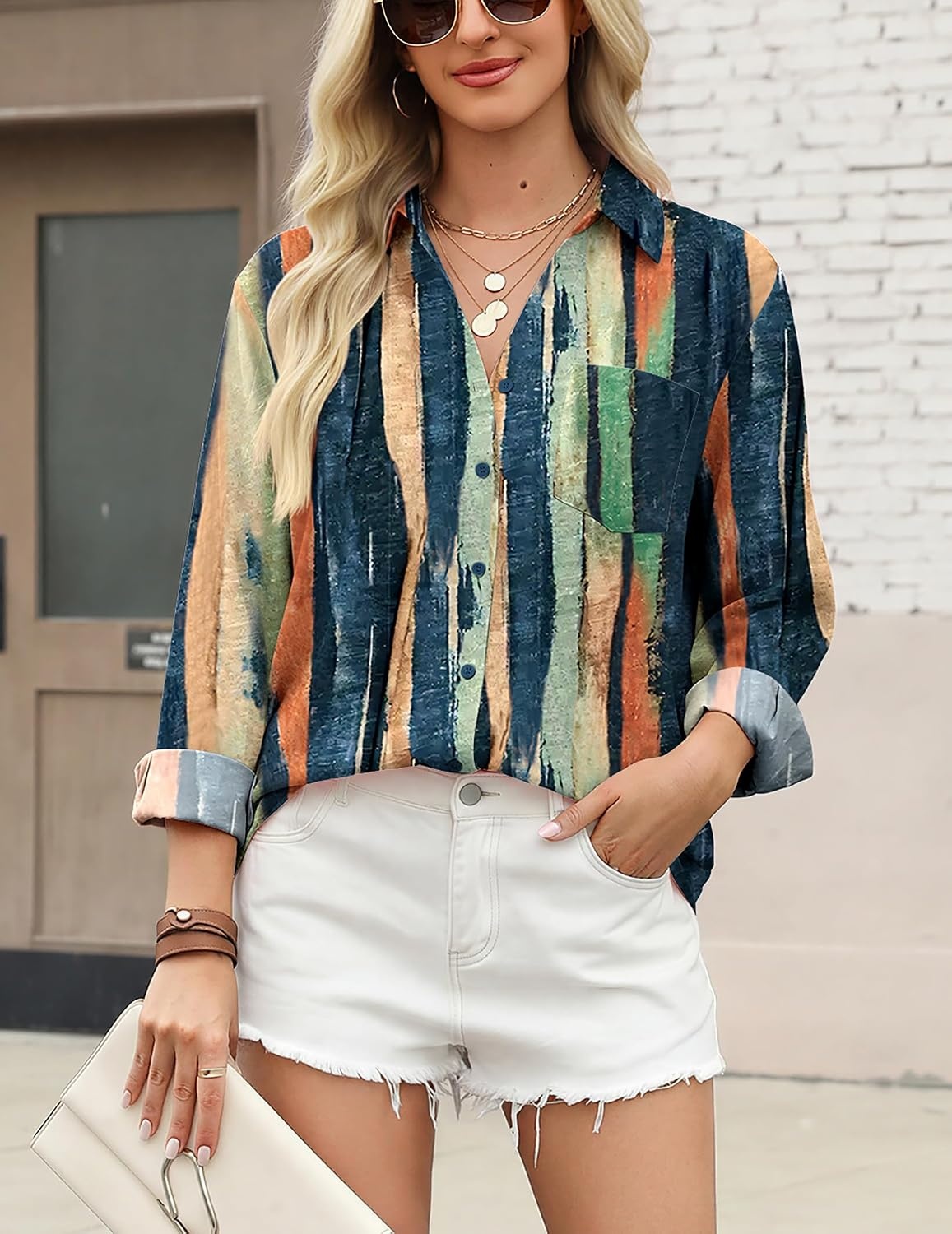 image:imageZeagoo Blouses for Women Long Sleeve Dressy Casual Button Down ShirtsMulticoloured Brush