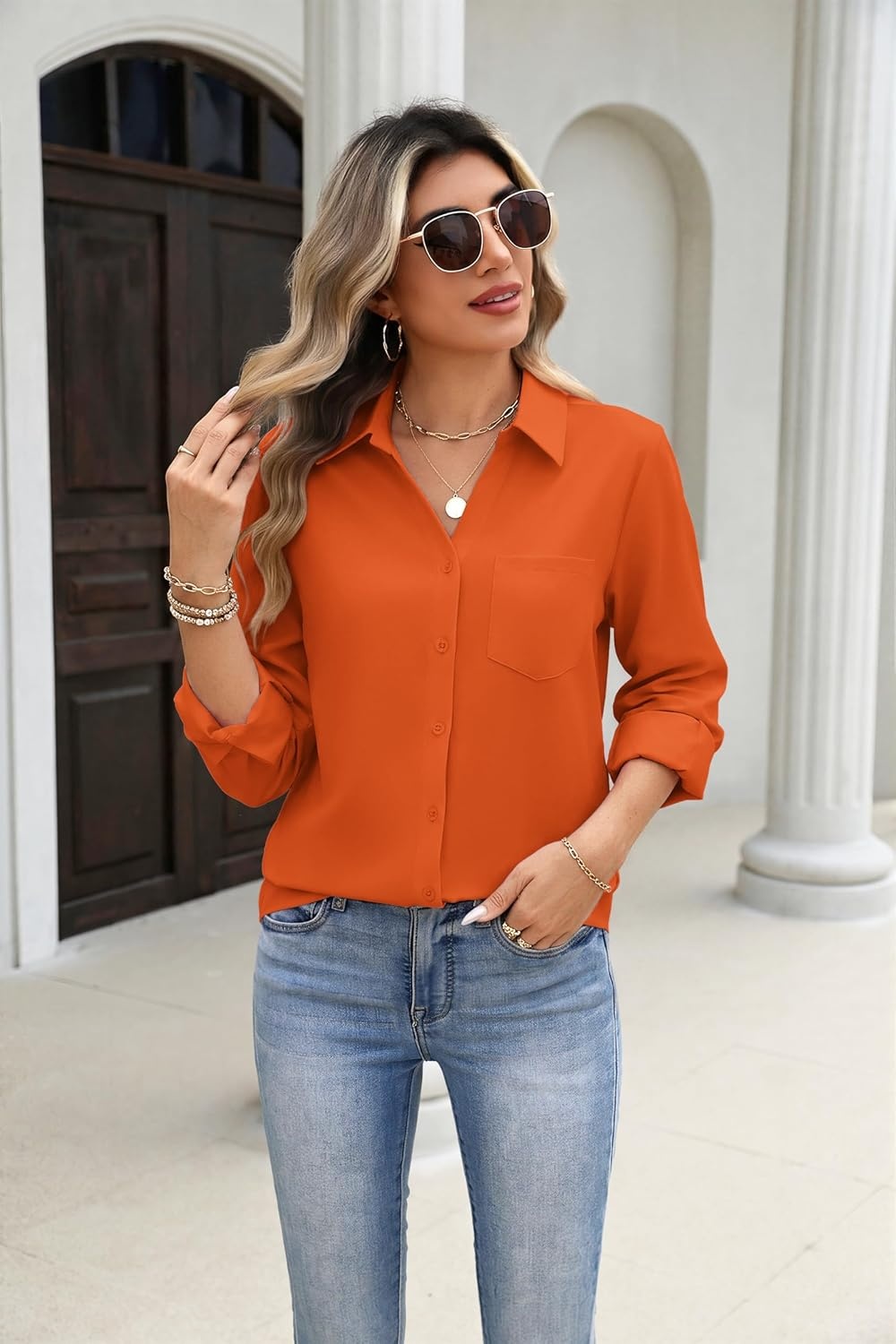 image:imageZeagoo Blouses for Women Long Sleeve Dressy Casual Button Down ShirtsOrange