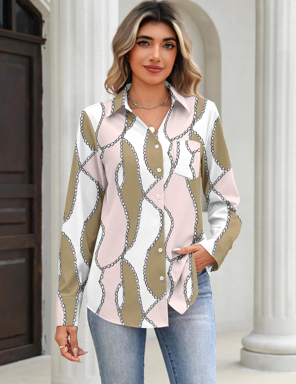 image:imageZeagoo Blouses for Women Long Sleeve Dressy Casual Button Down ShirtsPink Print