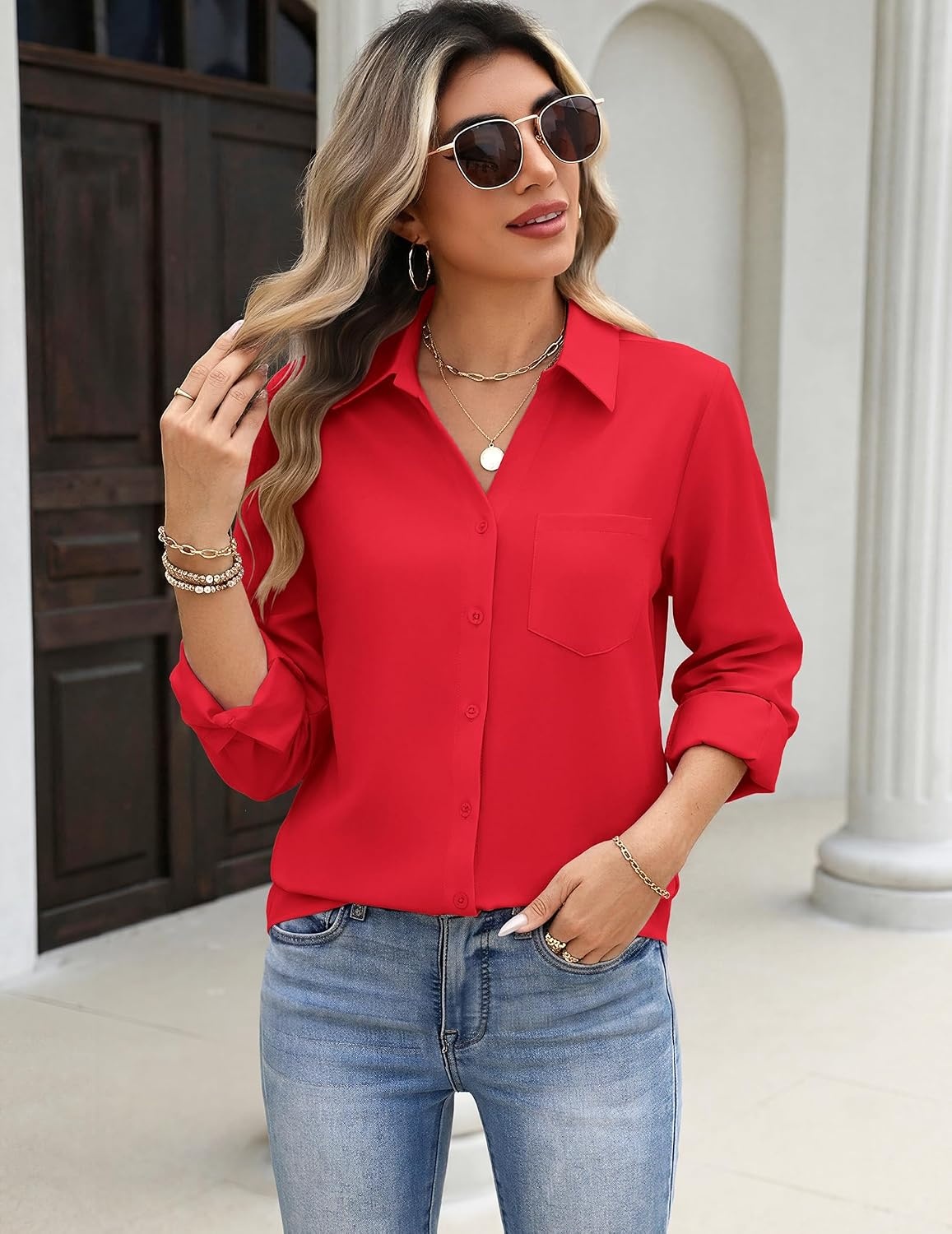 image:imageZeagoo Blouses for Women Long Sleeve Dressy Casual Button Down ShirtsRed