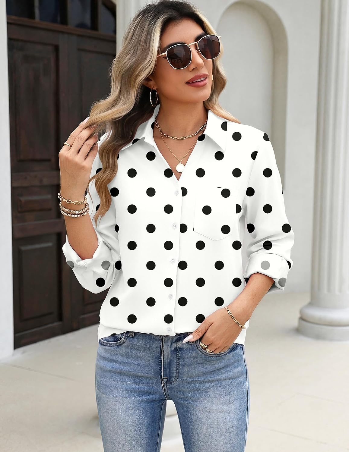 image:imageZeagoo Blouses for Women Long Sleeve Dressy Casual Button Down ShirtsWhite Polka