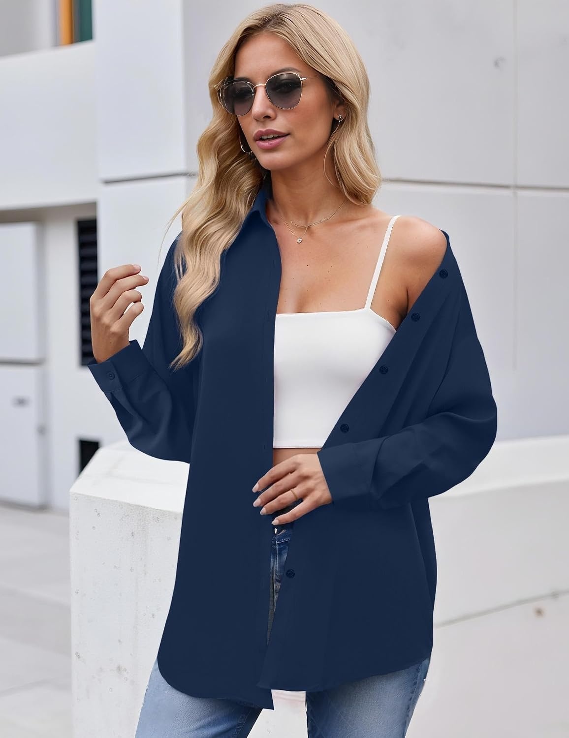 image:imageZeagoo Button Down Shirt Women Long Sleeve Blouses Casual Tops Work OutfitsCnavy Bluestain Shield