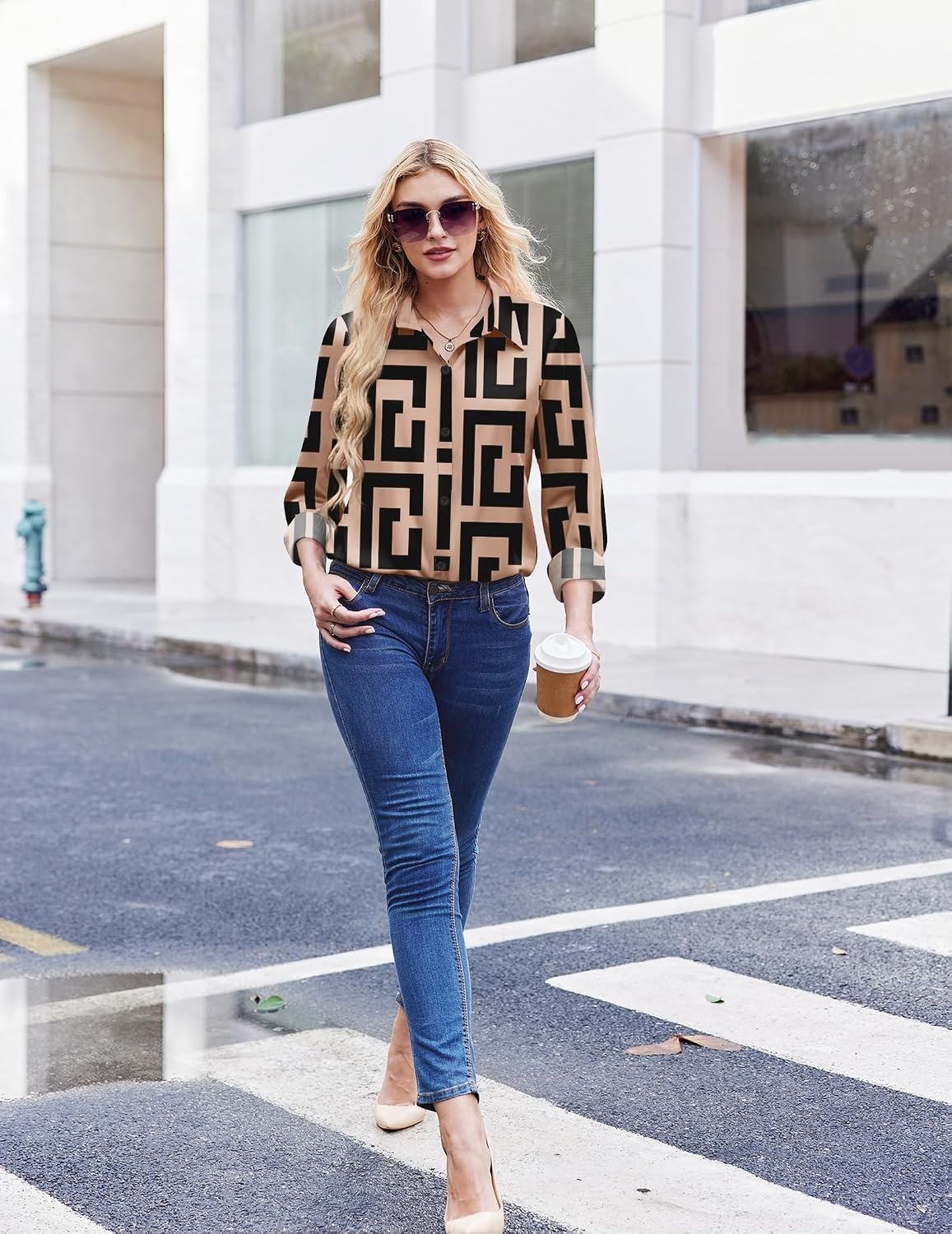 image:imageZeagoo Button Down Shirt Women Long Sleeve Blouses Casual Tops Work OutfitsGeometric