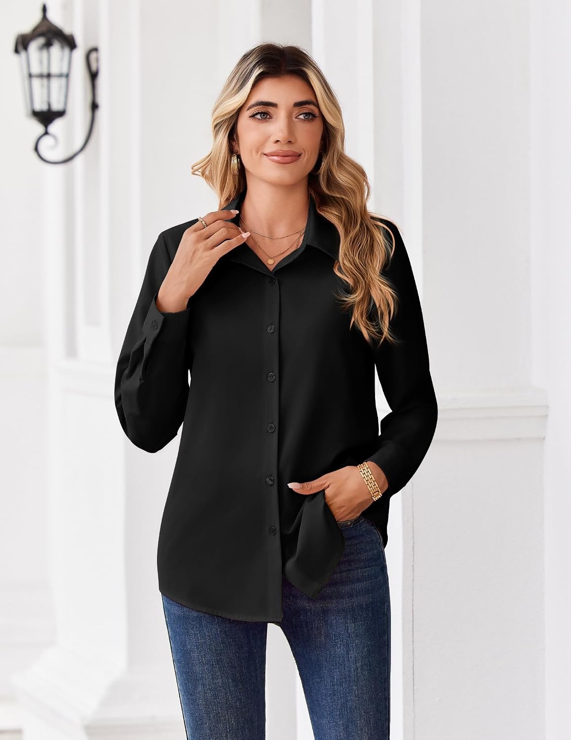 image:imageZeagoo Button Down Shirts for Women Dressy Printed Long Sleeve BlouseA Black