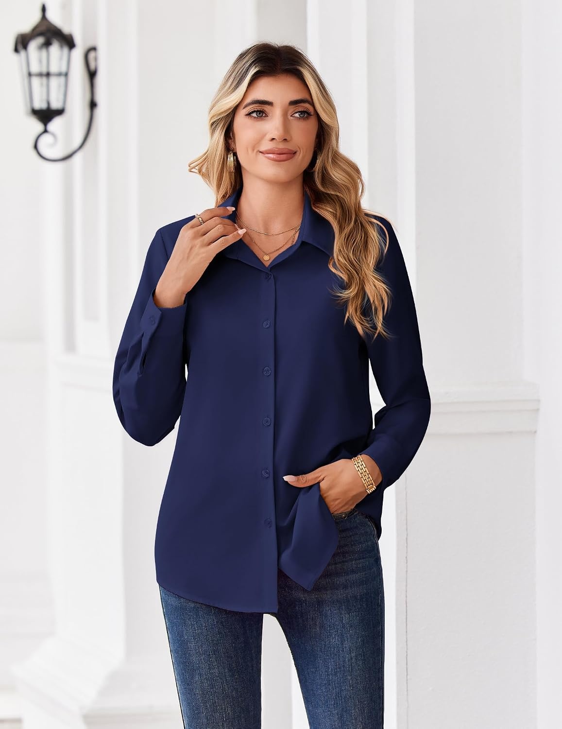 image:imageZeagoo Button Down Shirts for Women Dressy Printed Long Sleeve BlouseA Navy Blue
