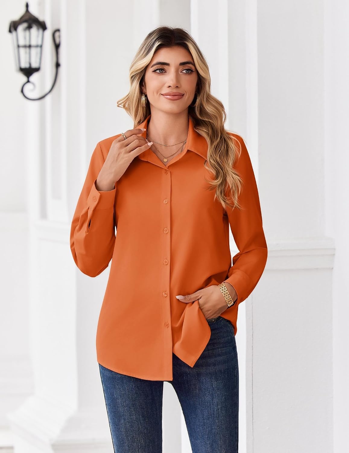 image:imageZeagoo Button Down Shirts for Women Dressy Printed Long Sleeve BlouseA Orange