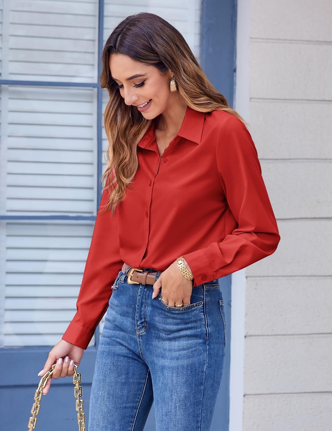 image:imageZeagoo Button Down Shirts for Women Dressy Printed Long Sleeve BlouseA Red