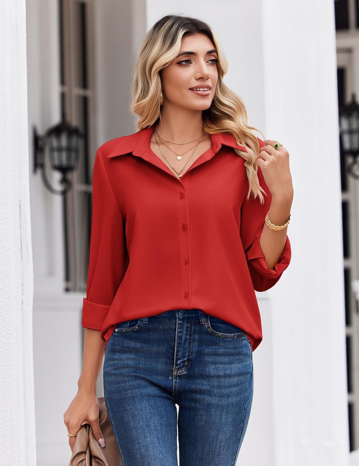image:imageZeagoo Button Down Shirts for Women Dressy Printed Long Sleeve BlouseA Red