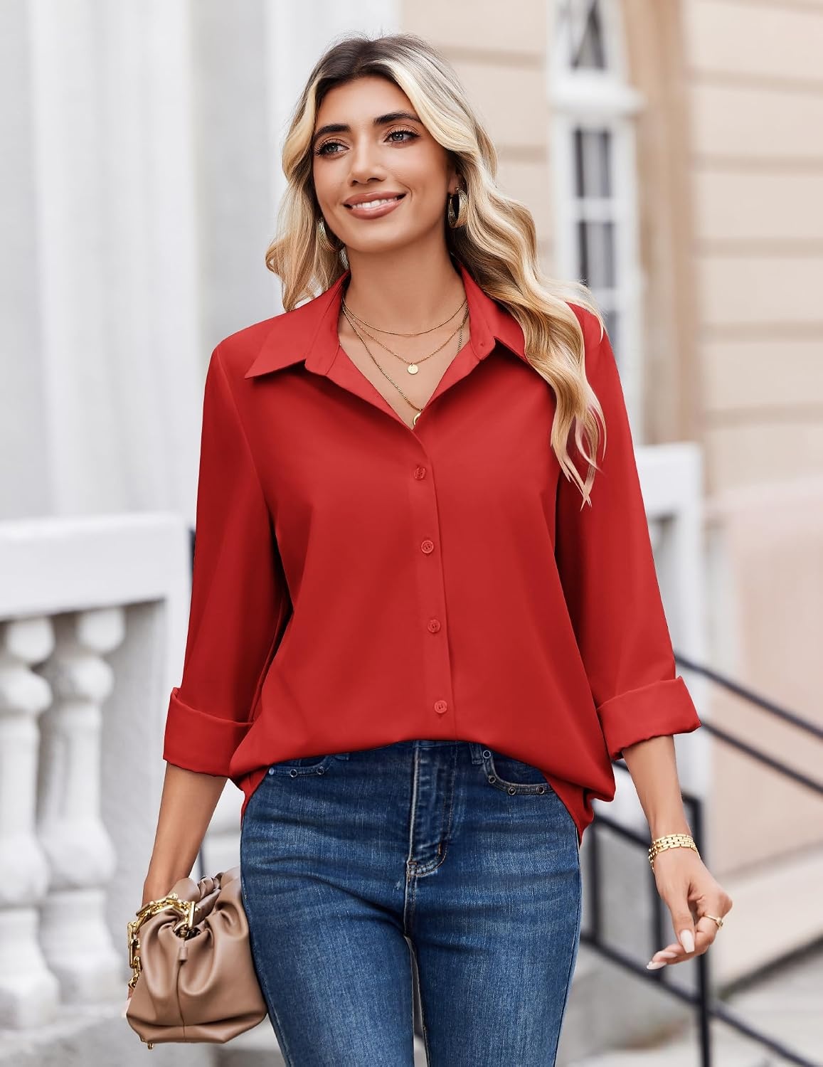 image:imageZeagoo Button Down Shirts for Women Dressy Printed Long Sleeve BlouseA Red