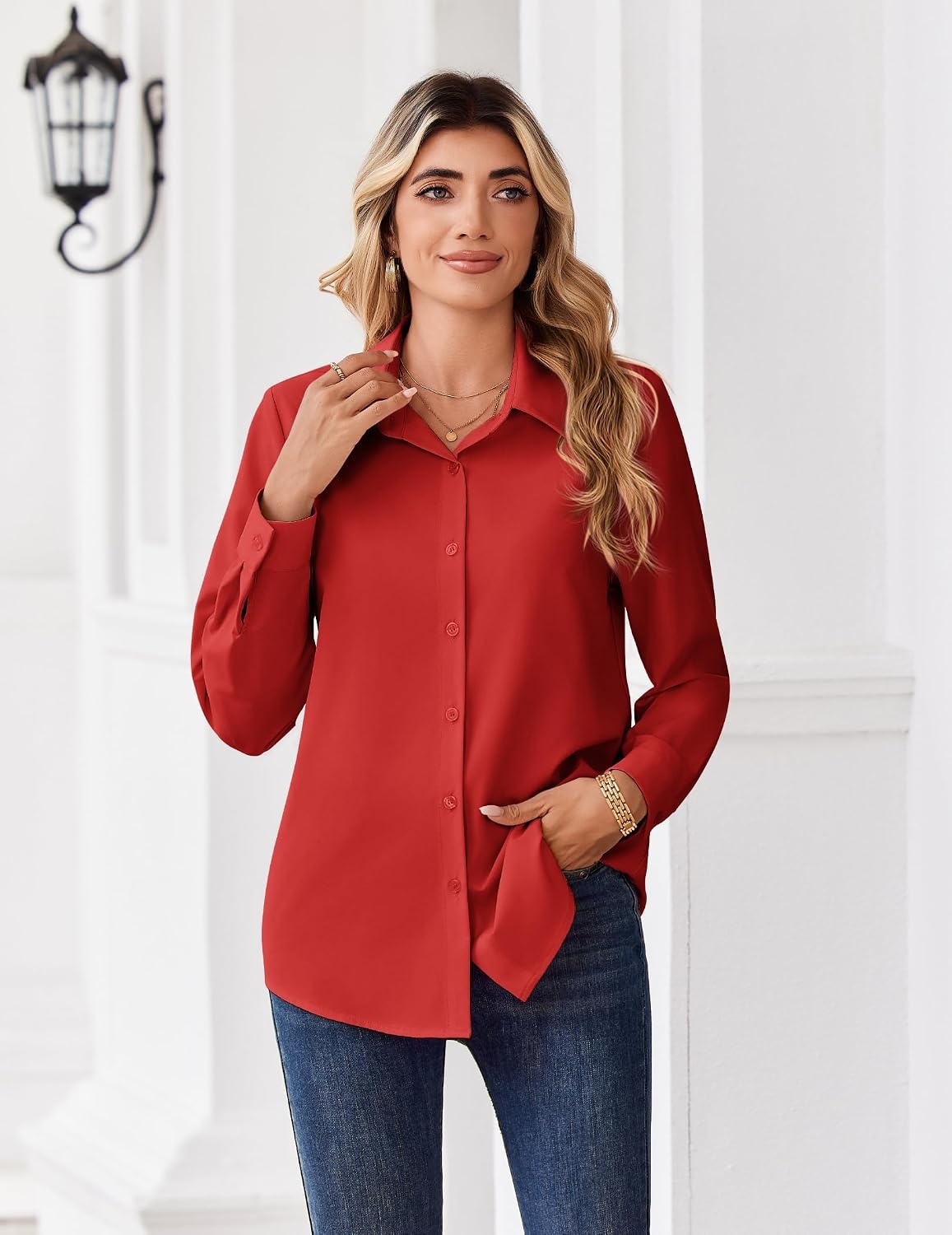 image:imageZeagoo Button Down Shirts for Women Dressy Printed Long Sleeve BlouseA Red