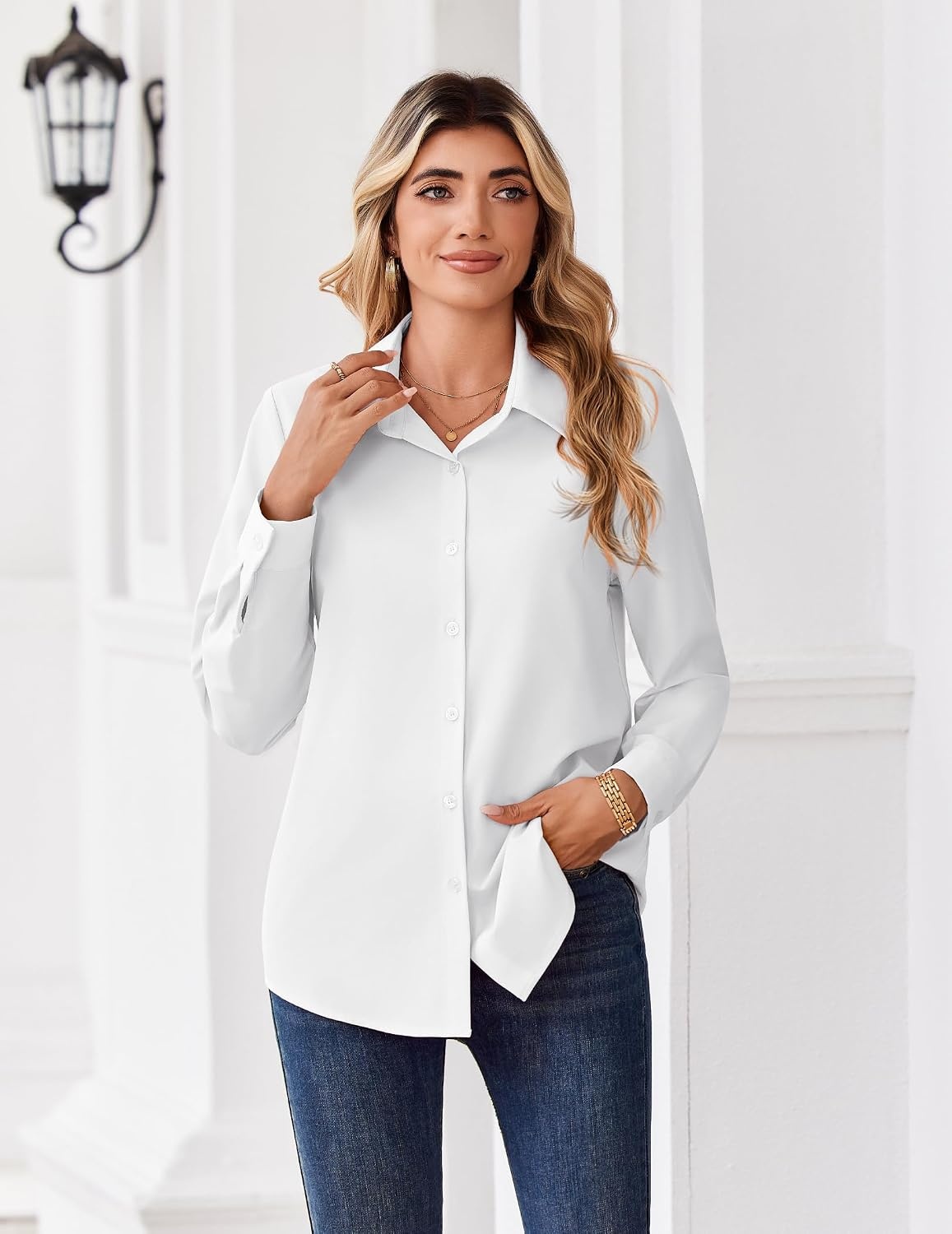 image:imageZeagoo Button Down Shirts for Women Dressy Printed Long Sleeve BlouseA White
