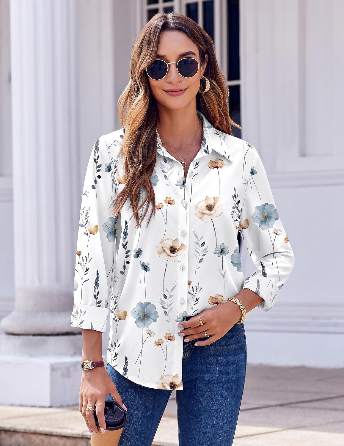 image:imageZeagoo Button Down Shirts for Women Dressy Printed Long Sleeve BlouseBf112