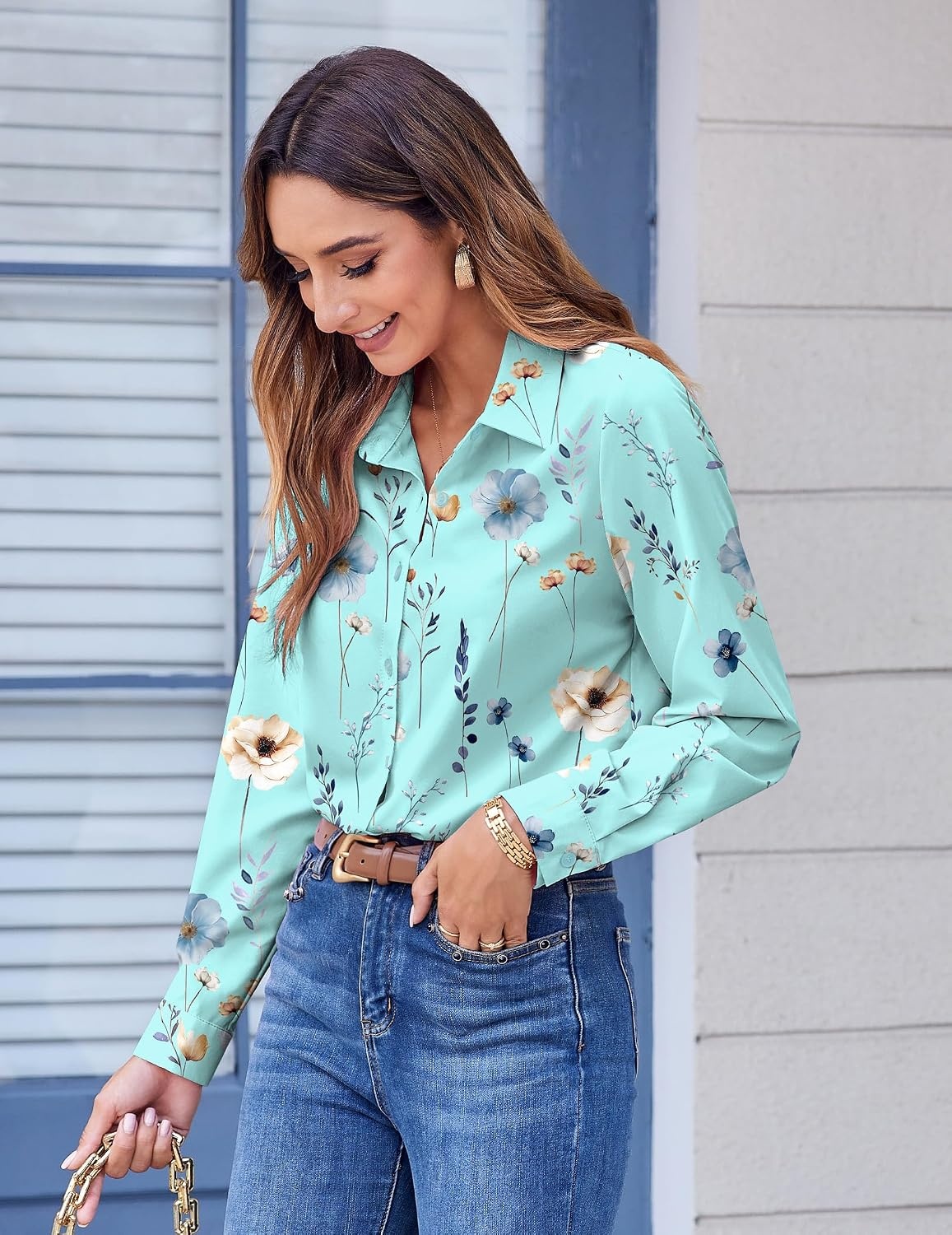image:imageZeagoo Button Down Shirts for Women Dressy Printed Long Sleeve BlouseBlue Floral