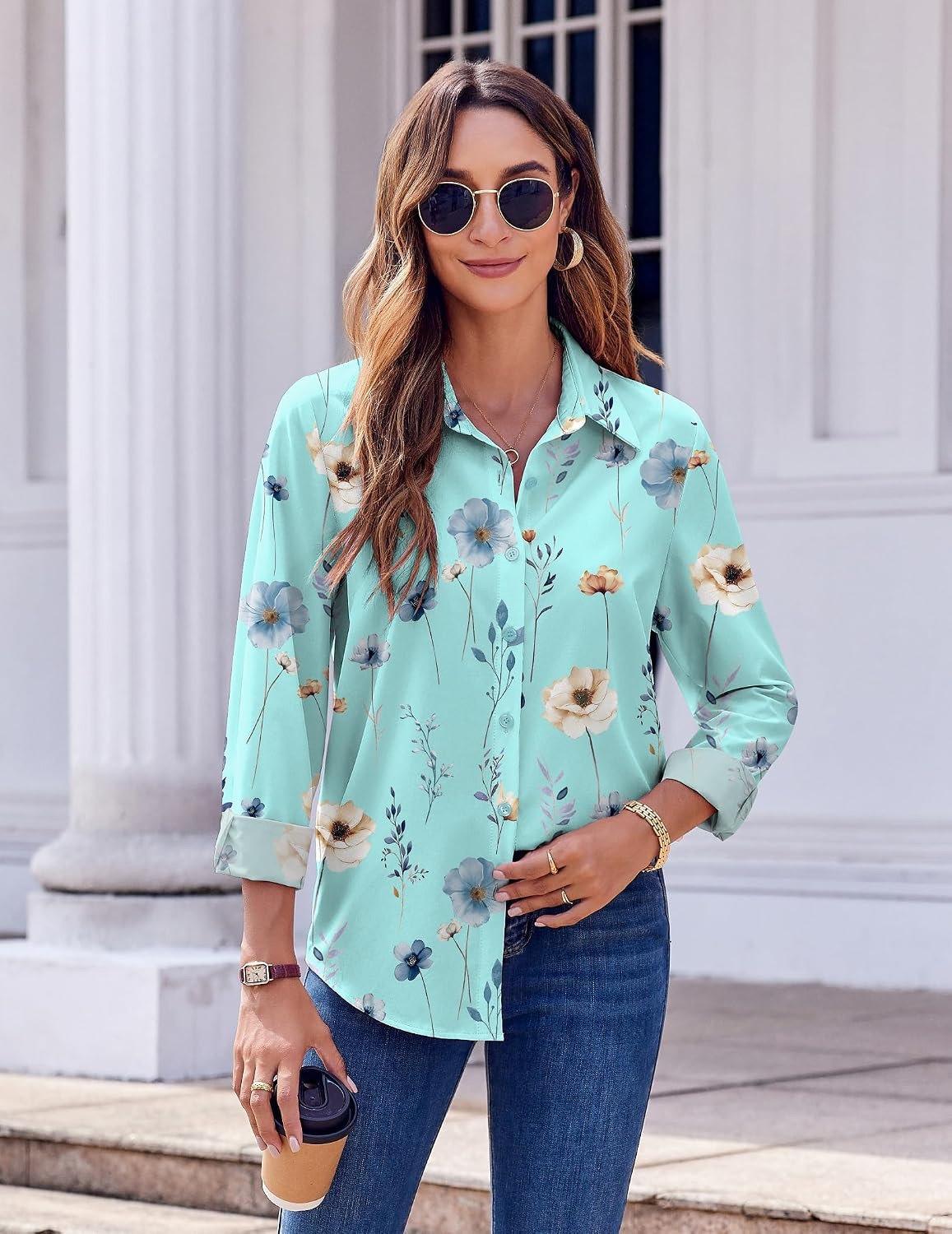 image:imageZeagoo Button Down Shirts for Women Dressy Printed Long Sleeve BlouseBlue Floral