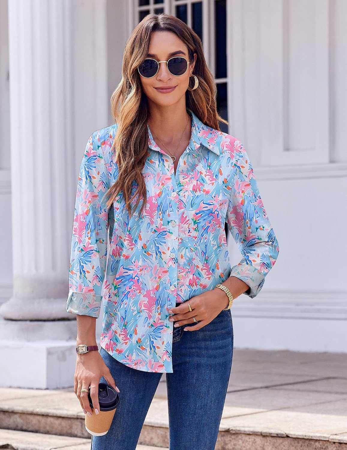 image:imageZeagoo Button Down Shirts for Women Dressy Printed Long Sleeve BlouseCx183