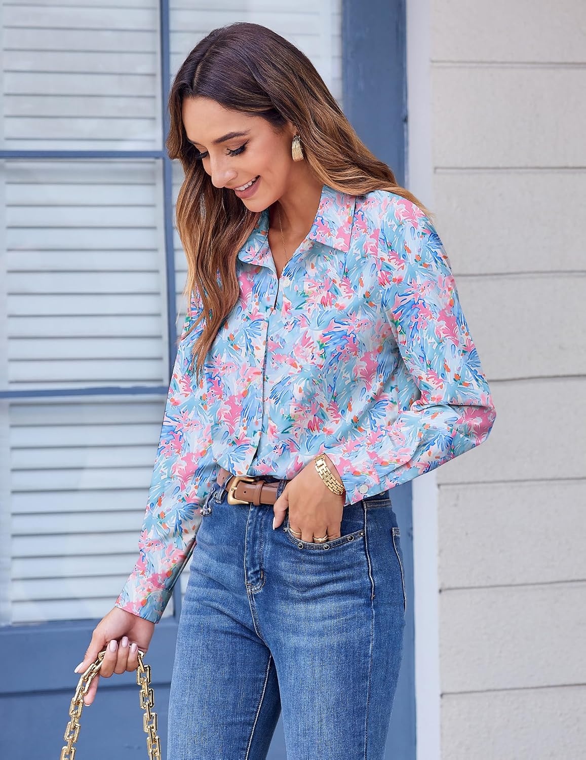 image:imageZeagoo Button Down Shirts for Women Dressy Printed Long Sleeve BlouseCx183