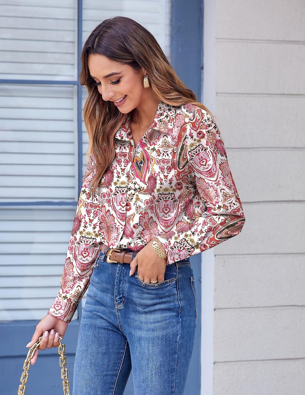 image:imageZeagoo Button Down Shirts for Women Dressy Printed Long Sleeve BlouseCx244