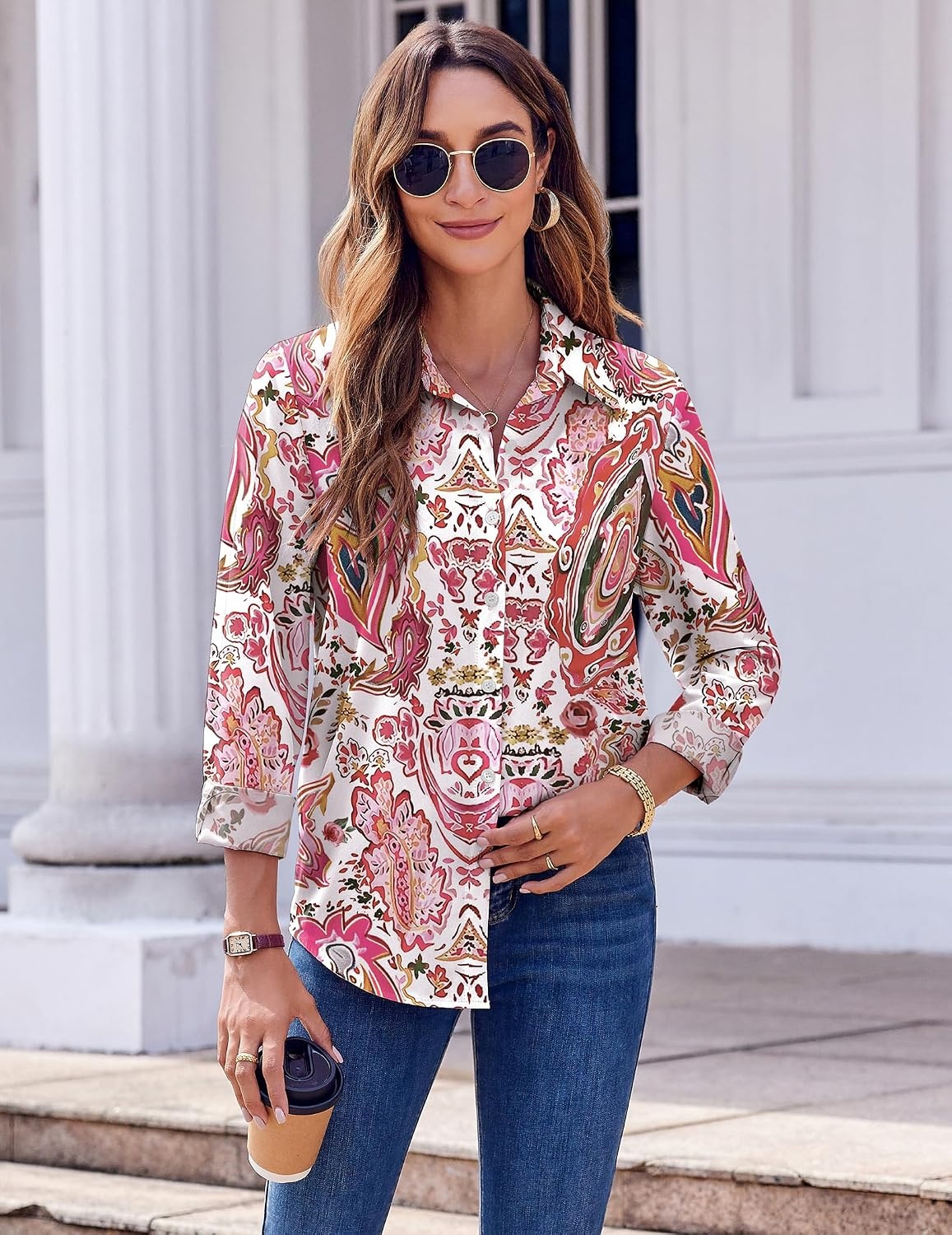 image:imageZeagoo Button Down Shirts for Women Dressy Printed Long Sleeve BlouseCx244