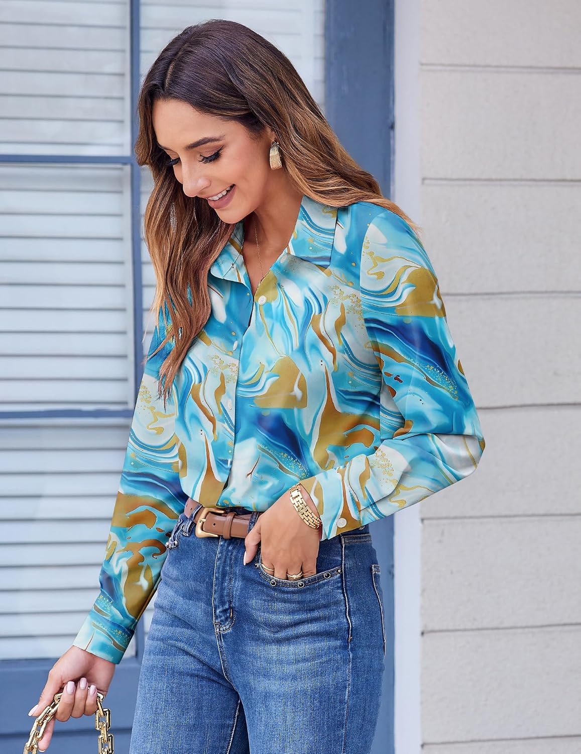image:imageZeagoo Button Down Shirts for Women Dressy Printed Long Sleeve BlouseCx274