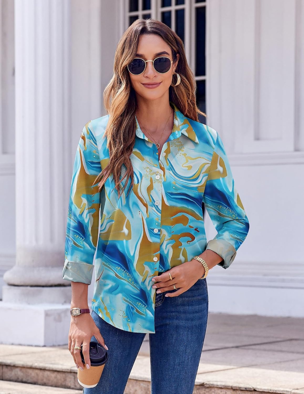 image:imageZeagoo Button Down Shirts for Women Dressy Printed Long Sleeve BlouseCx274