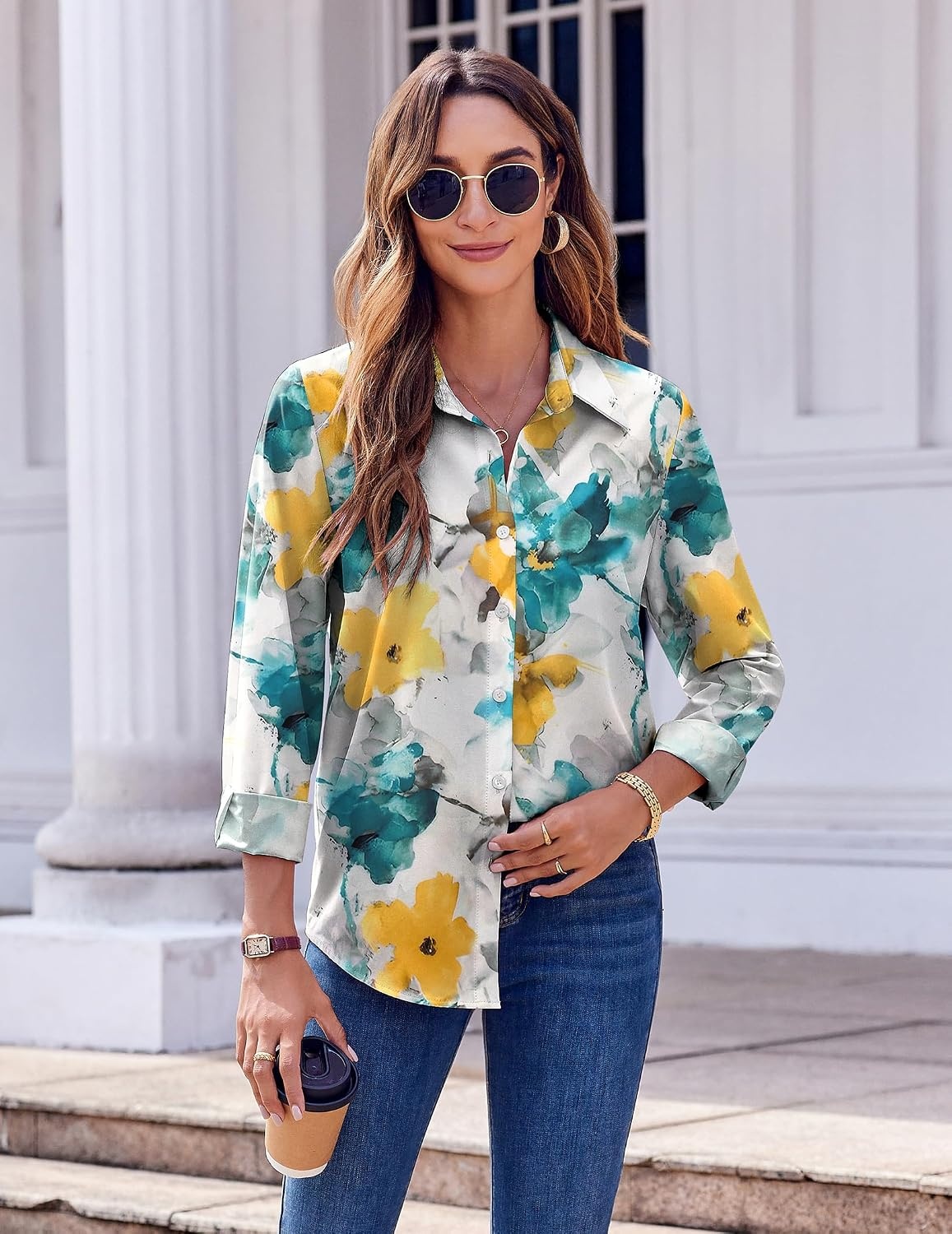 image:imageZeagoo Button Down Shirts for Women Dressy Printed Long Sleeve BlouseDh637