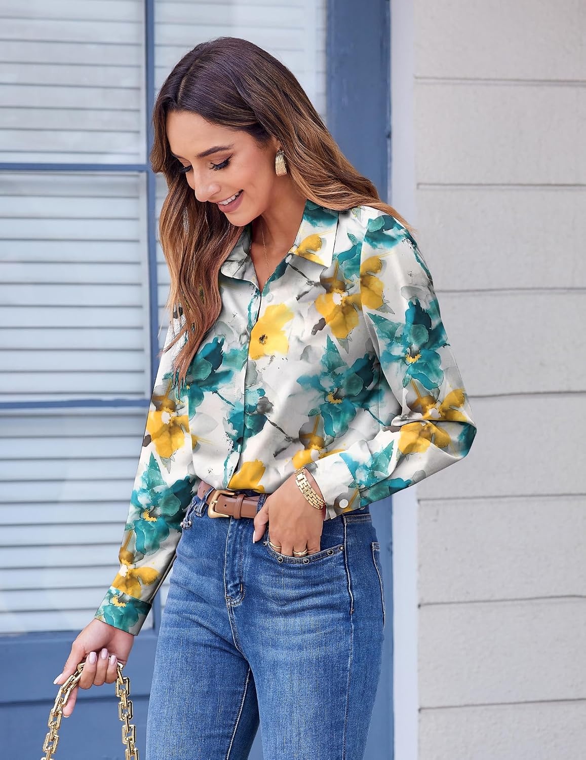 image:imageZeagoo Button Down Shirts for Women Dressy Printed Long Sleeve BlouseDh637