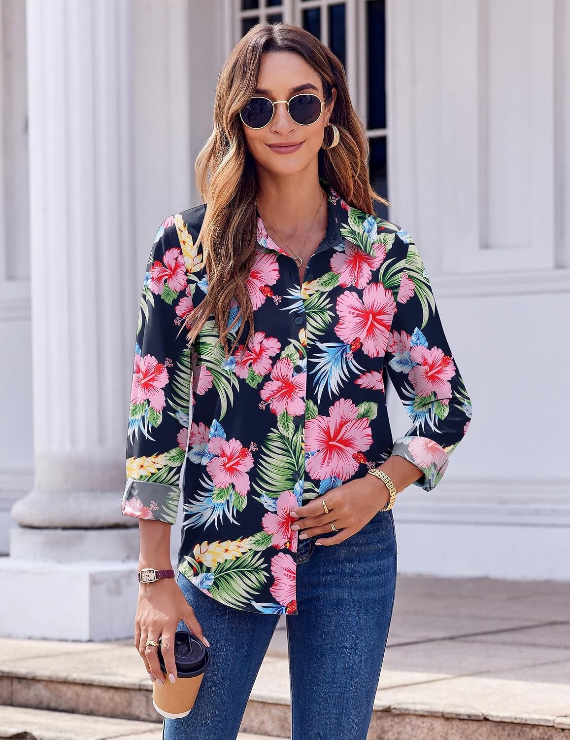 image:imageZeagoo Button Down Shirts for Women Dressy Printed Long Sleeve BlouseHf60