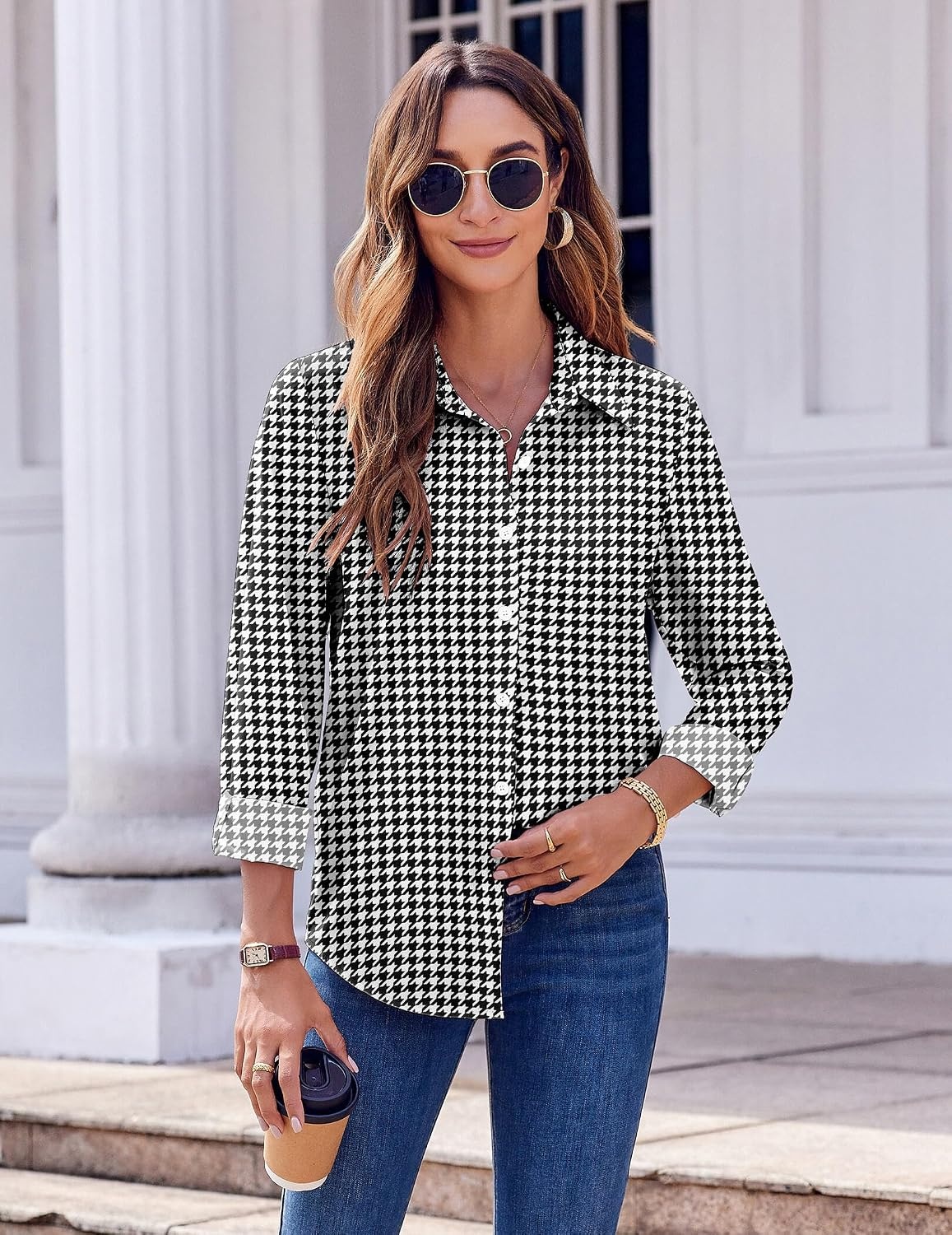image:imageZeagoo Button Down Shirts for Women Dressy Printed Long Sleeve BlouseHoundstooth
