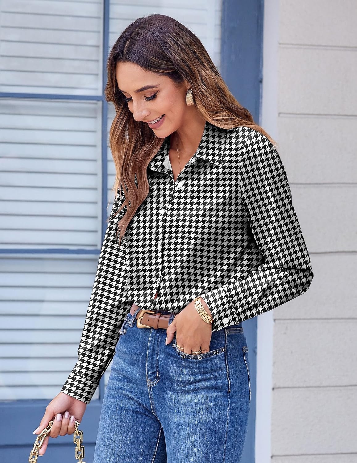 image:imageZeagoo Button Down Shirts for Women Dressy Printed Long Sleeve BlouseHoundstooth