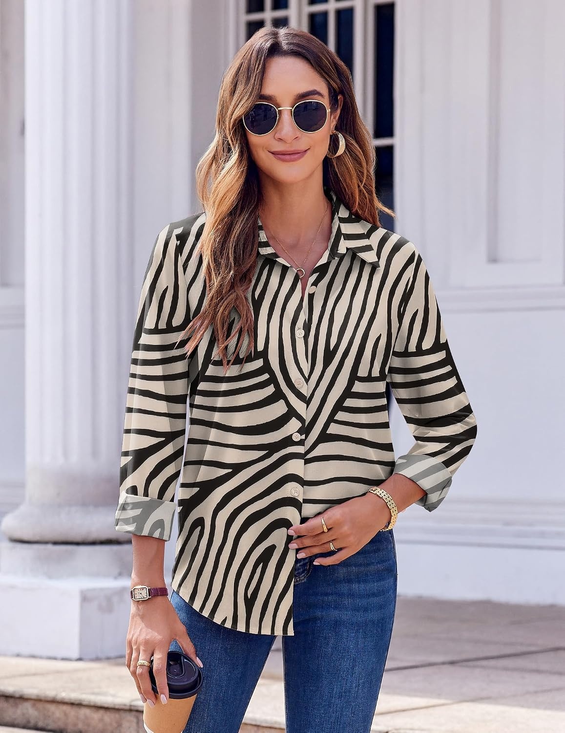 image:imageZeagoo Button Down Shirts for Women Dressy Printed Long Sleeve BlouseIrregular Stripe