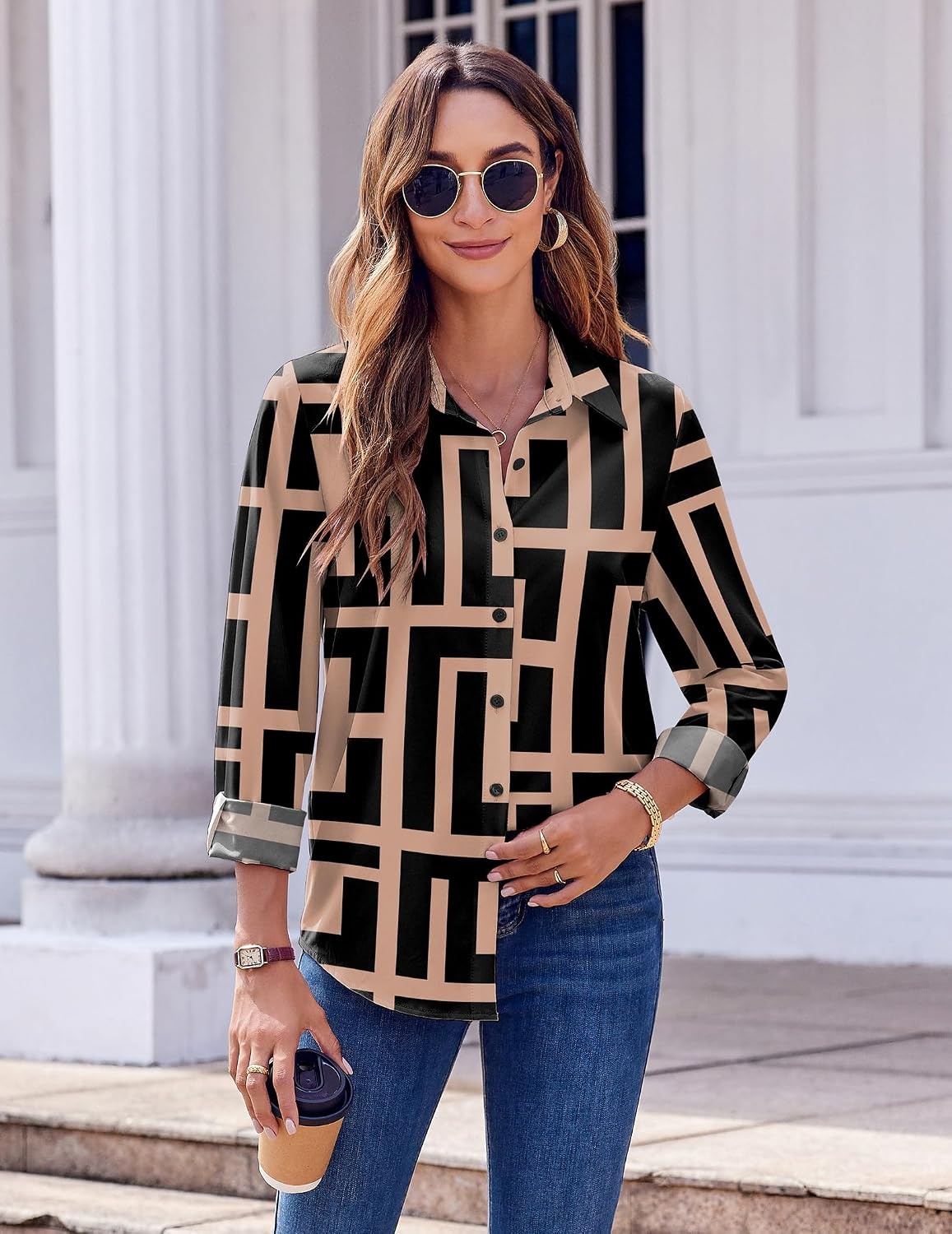 image:imageZeagoo Button Down Shirts for Women Dressy Printed Long Sleeve BlouseJh308