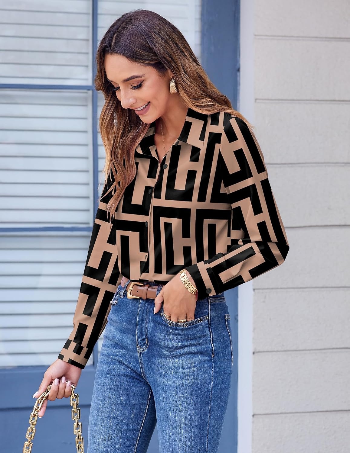 image:imageZeagoo Button Down Shirts for Women Dressy Printed Long Sleeve BlouseJh308