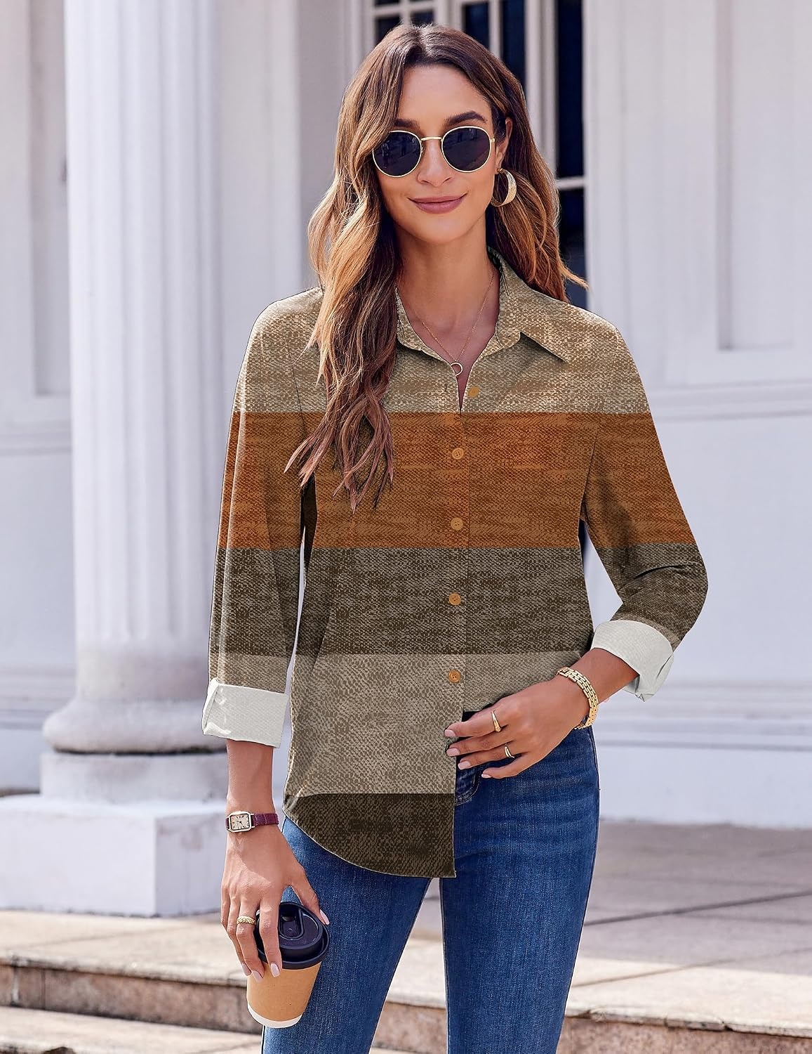 image:imageZeagoo Button Down Shirts for Women Dressy Printed Long Sleeve BlouseJh398