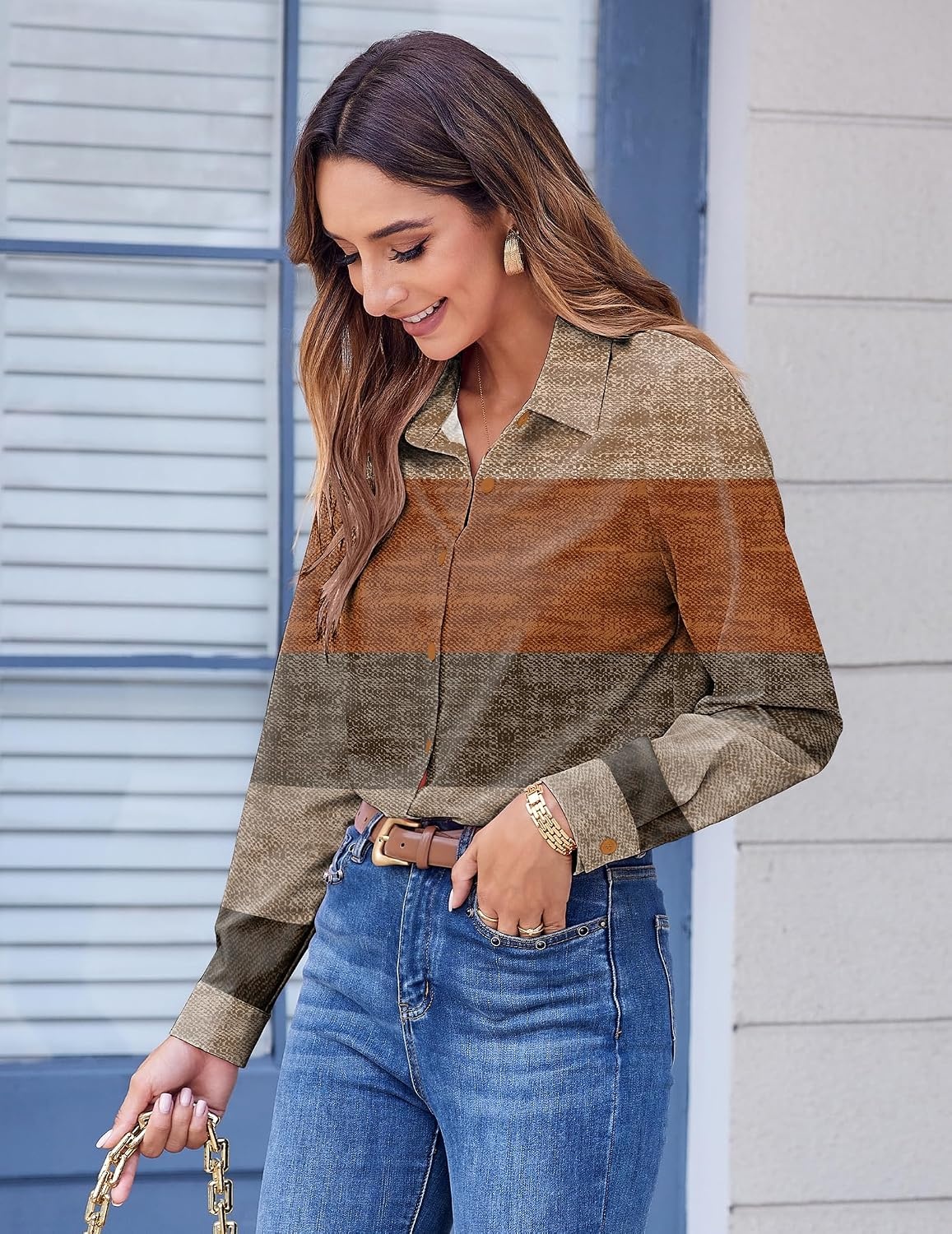 image:imageZeagoo Button Down Shirts for Women Dressy Printed Long Sleeve BlouseJh398