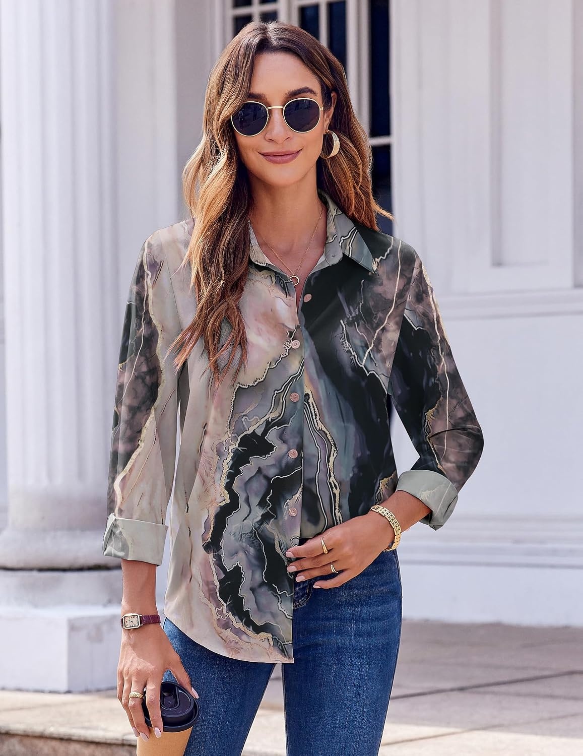 image:imageZeagoo Button Down Shirts for Women Dressy Printed Long Sleeve BlouseKhaki Marble Print
