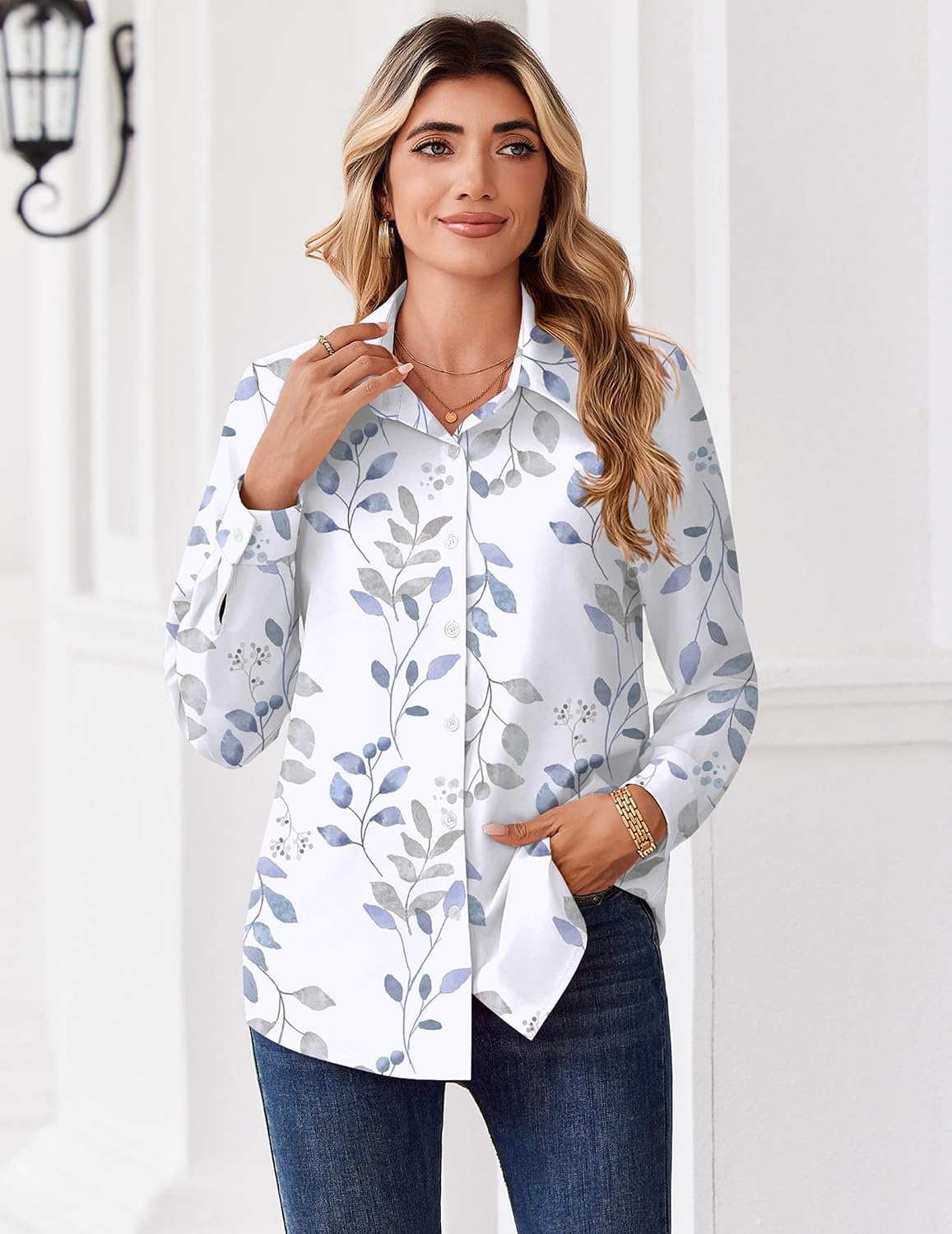 image:imageZeagoo Button Down Shirts for Women Dressy Printed Long Sleeve BlouseLeaf White 106